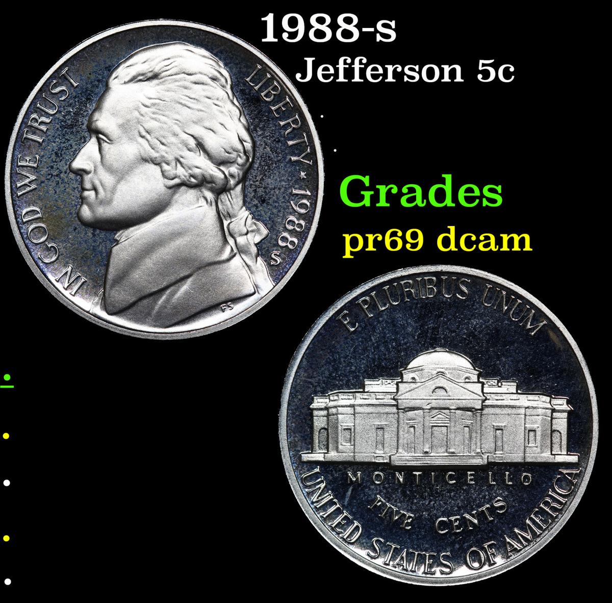 Proof 1988-s Jefferson Nickel 5c Grades GEM++ Proof Deep Cameo