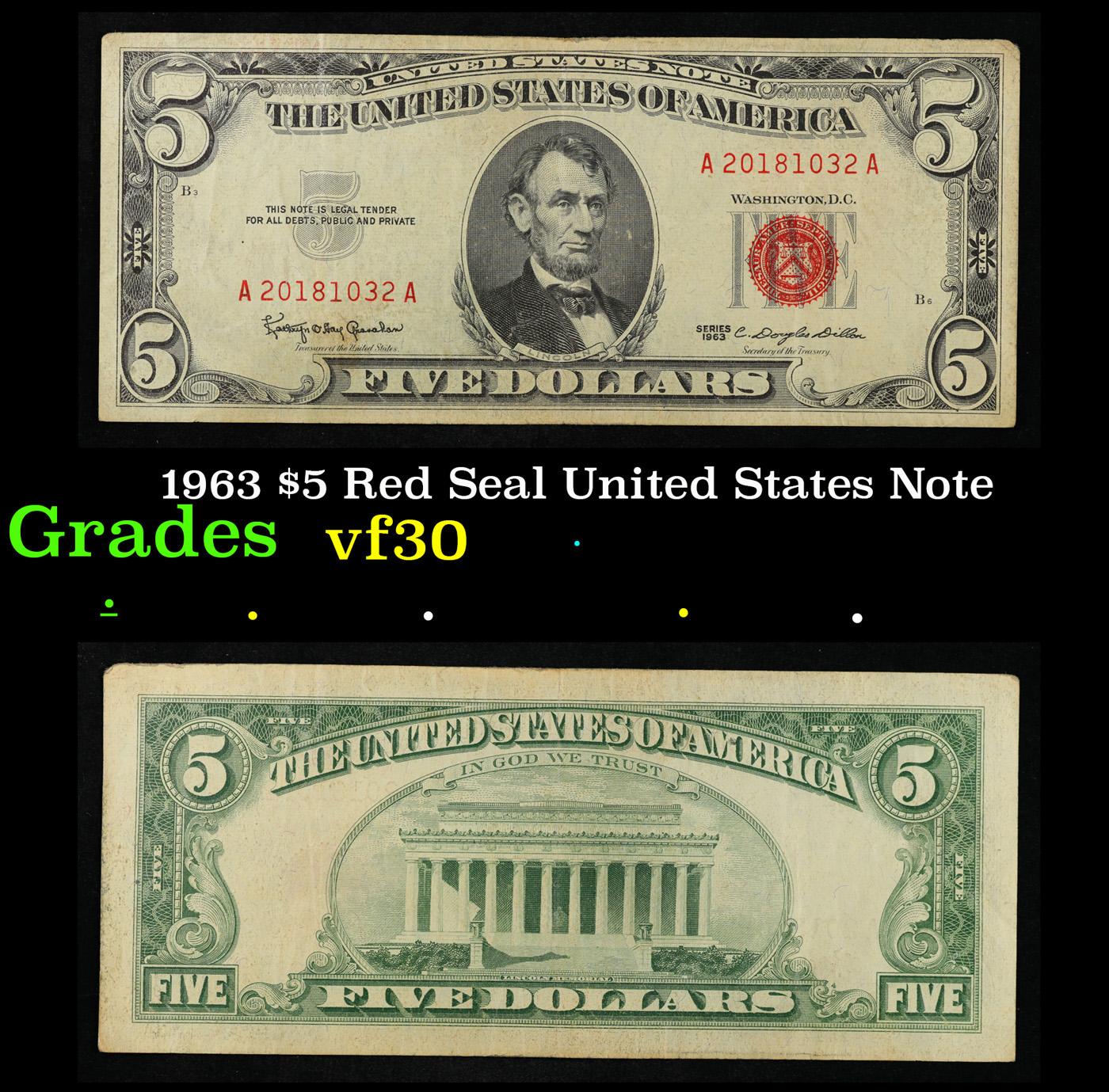 1963 $5 Red Seal United States Note Grades vf++