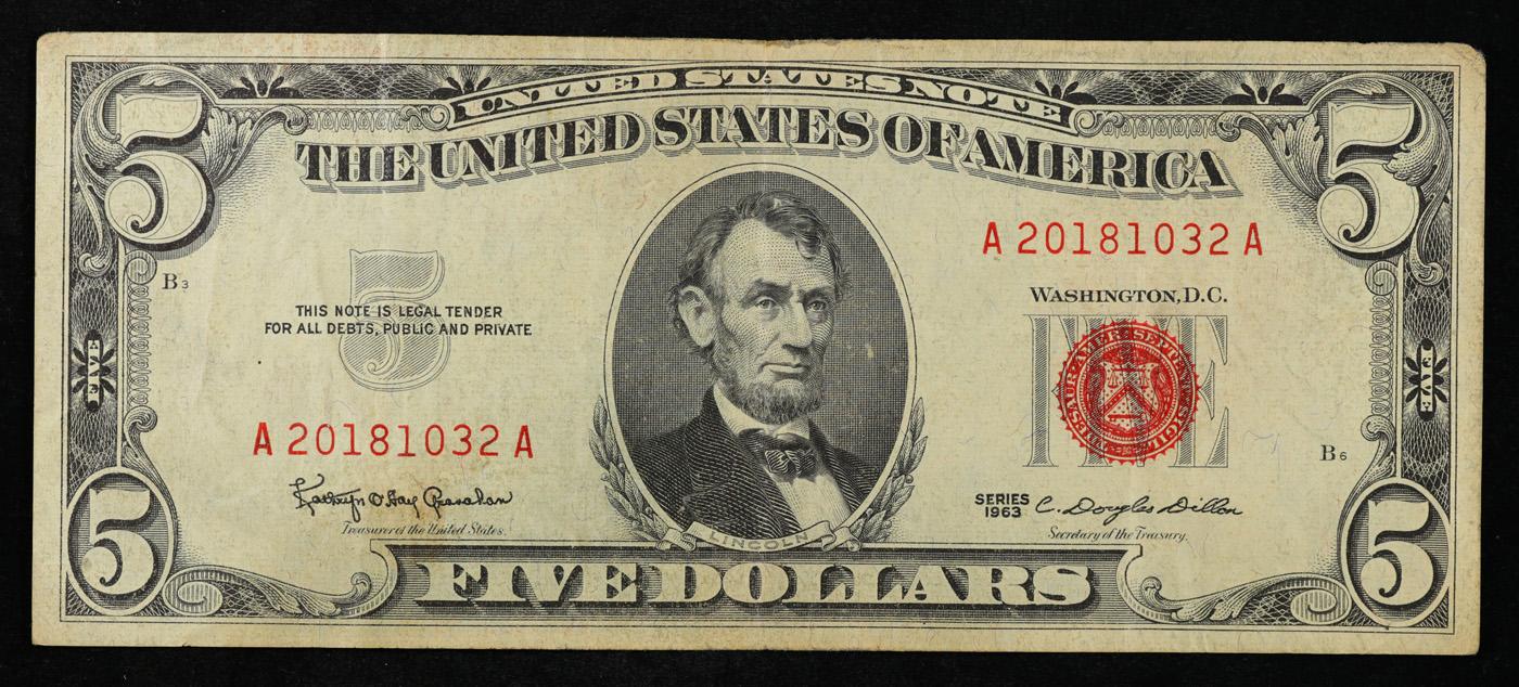 1963 $5 Red Seal United States Note Grades vf++