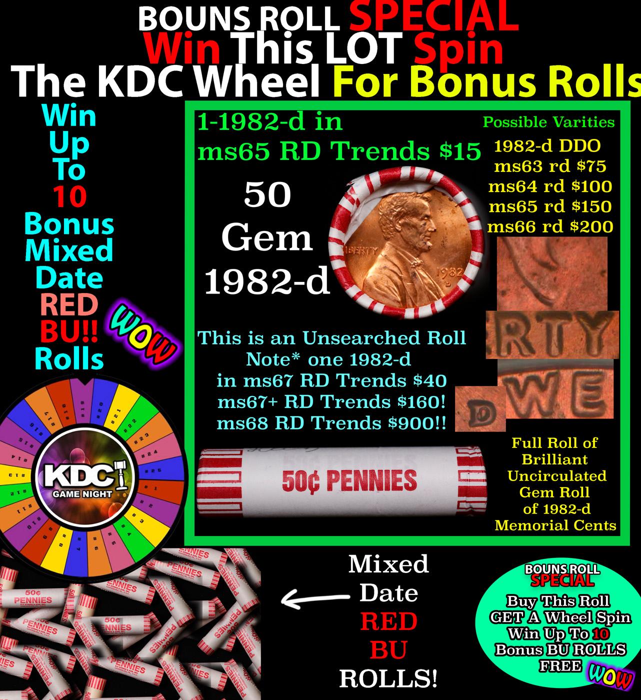 CRAZY Penny Wheel Buy THIS 1982-d solid Red BU Lincoln 1c roll & get 1-10 BU Red rolls FREE WOW