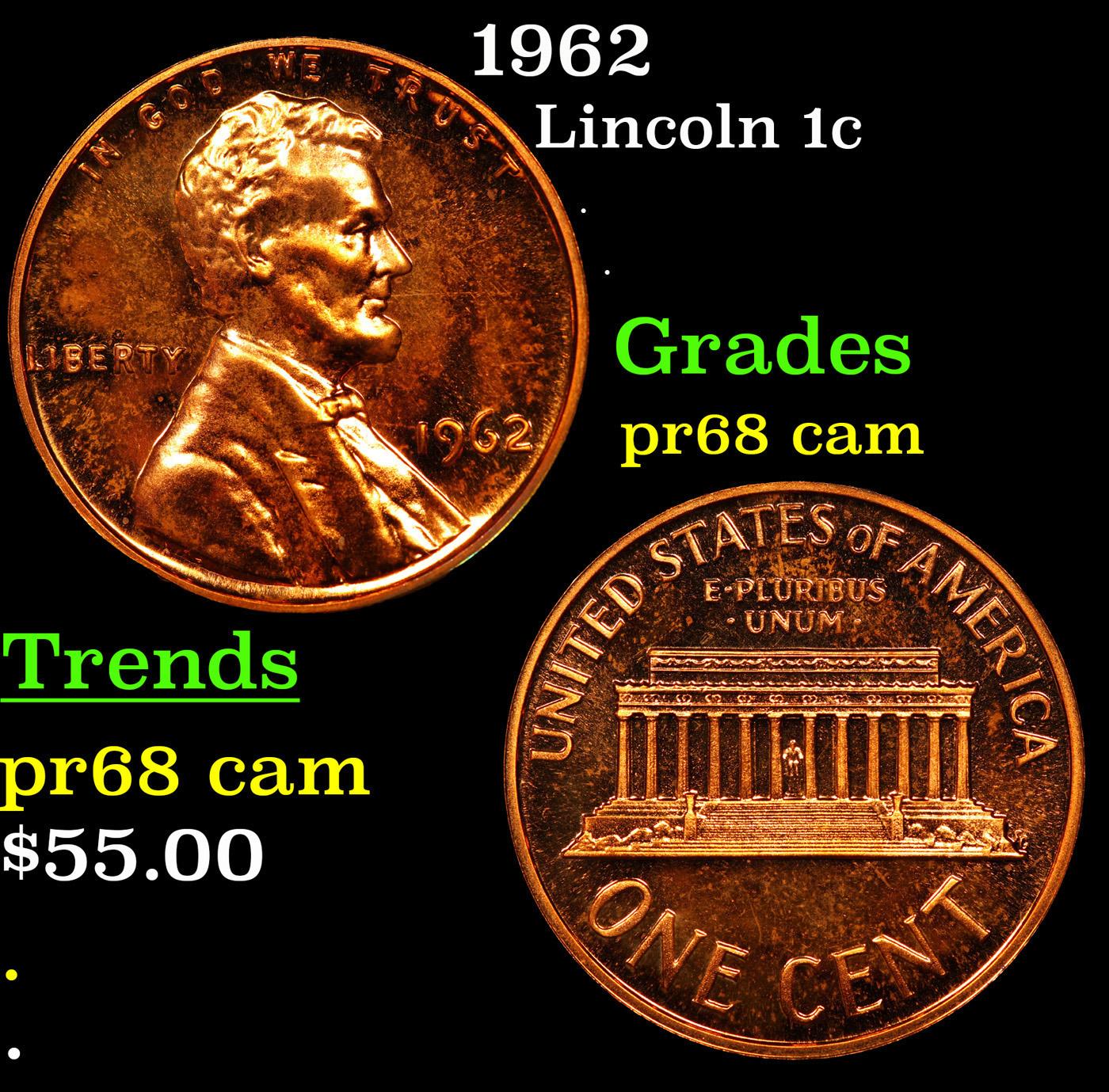 Proof 1962 Lincoln Cent 1c Grades GEM++ Proof Cameo