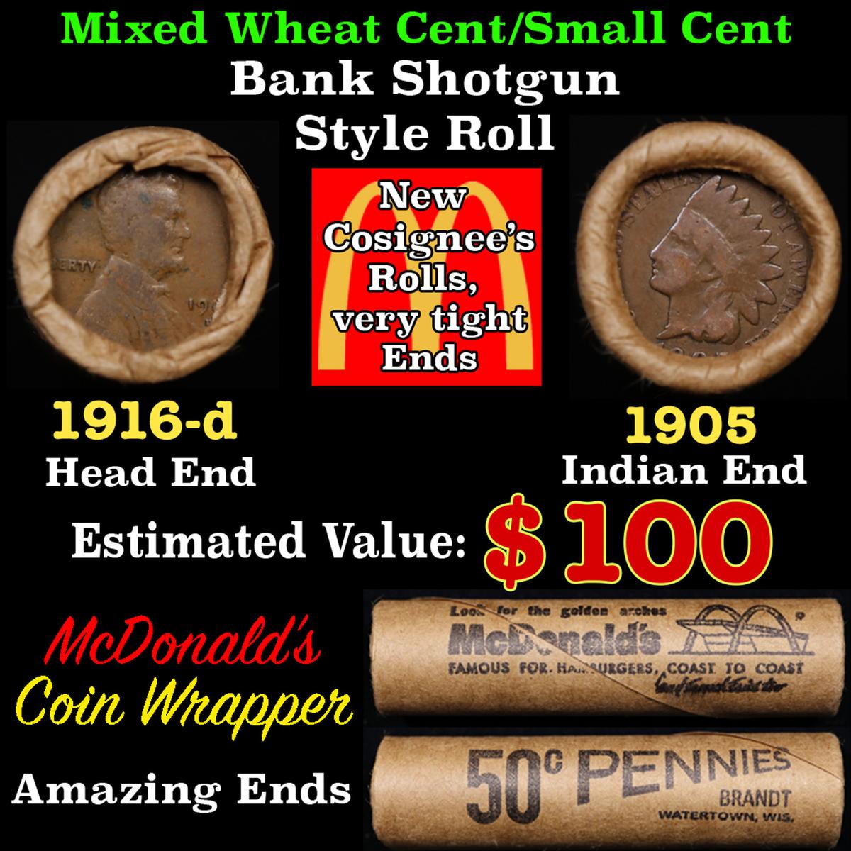 Lincoln Wheat Cent 1c Mixed Roll Orig Brandt McDonalds Wrapper, 1916-d end, 1905 Indian other end