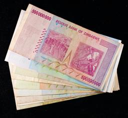 Lot of 10 2006-2008 Zimbabwe Hyperinflation Notes, Various Denominations