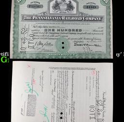 October 1st 1952 Stock Certificate 'The Pennsylvania Railroad Company' Philadelphia, PA 100 Shares G