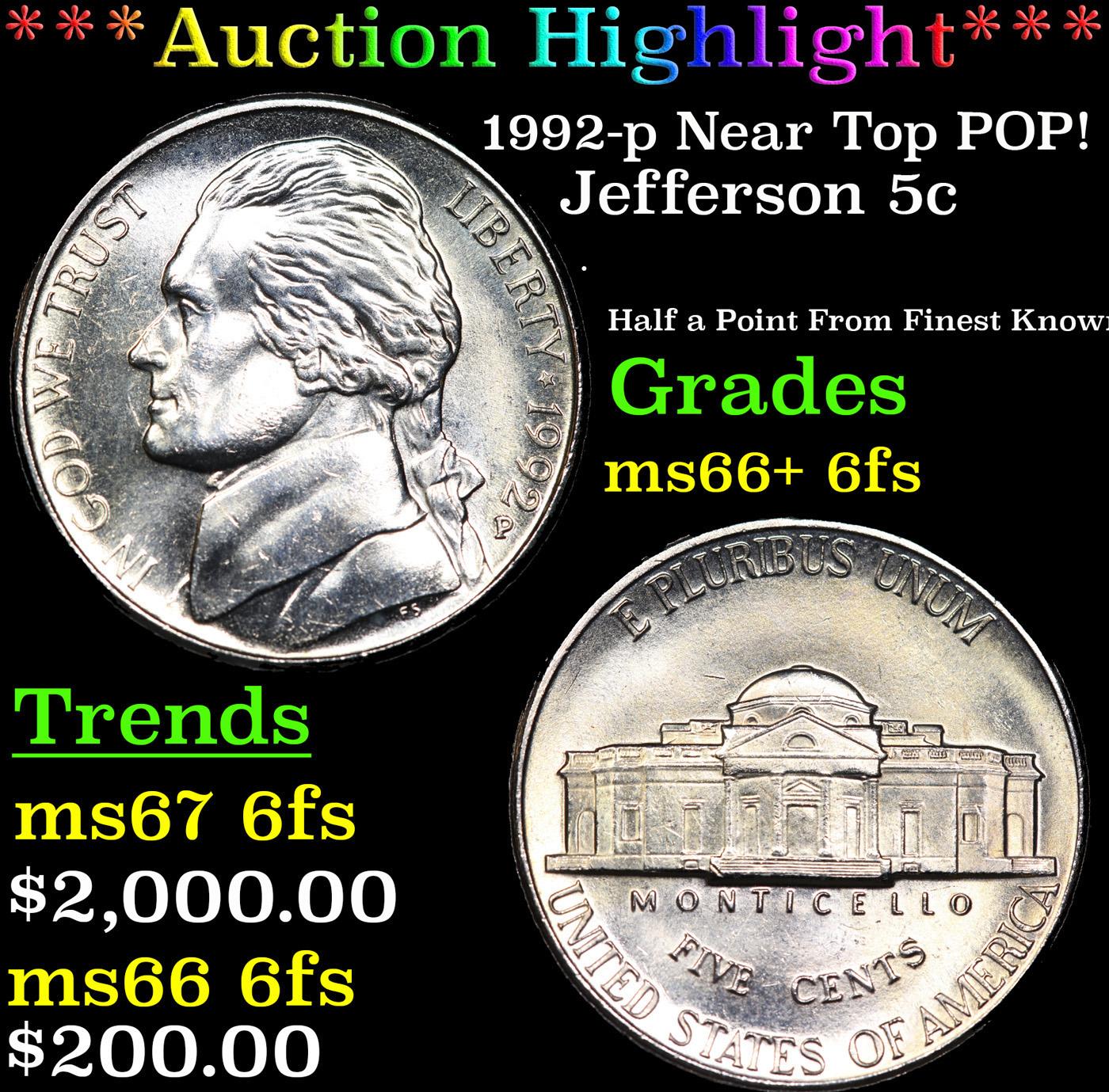 ***Auction Highlight*** 1992-p Jefferson Nickel Near Top POP! 5c Graded GEM++ 6fs BY USCG (fc)