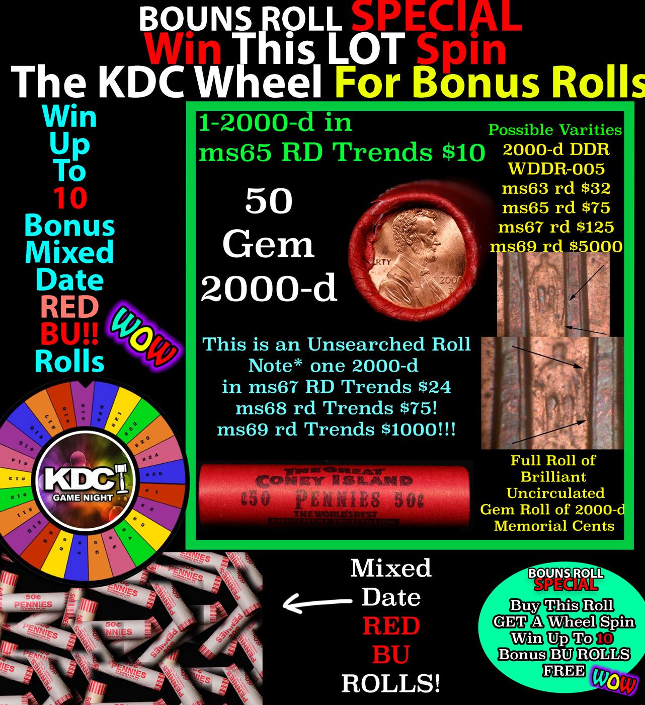 1-10 FREE BU RED Penny rolls with win of this 2000-d SOLID RED BU Lincoln 1c roll incredibly FUN whe