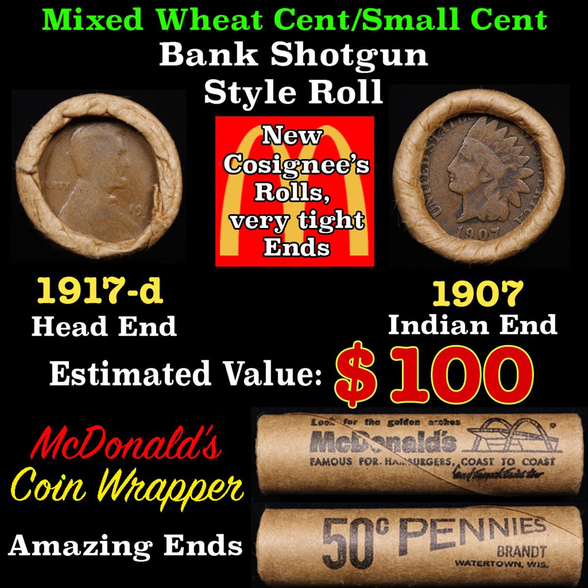 Lincoln Wheat Cent 1c Mixed Roll Orig Brandt McDonalds Wrapper, 1917-d end, 1907 Indian other end