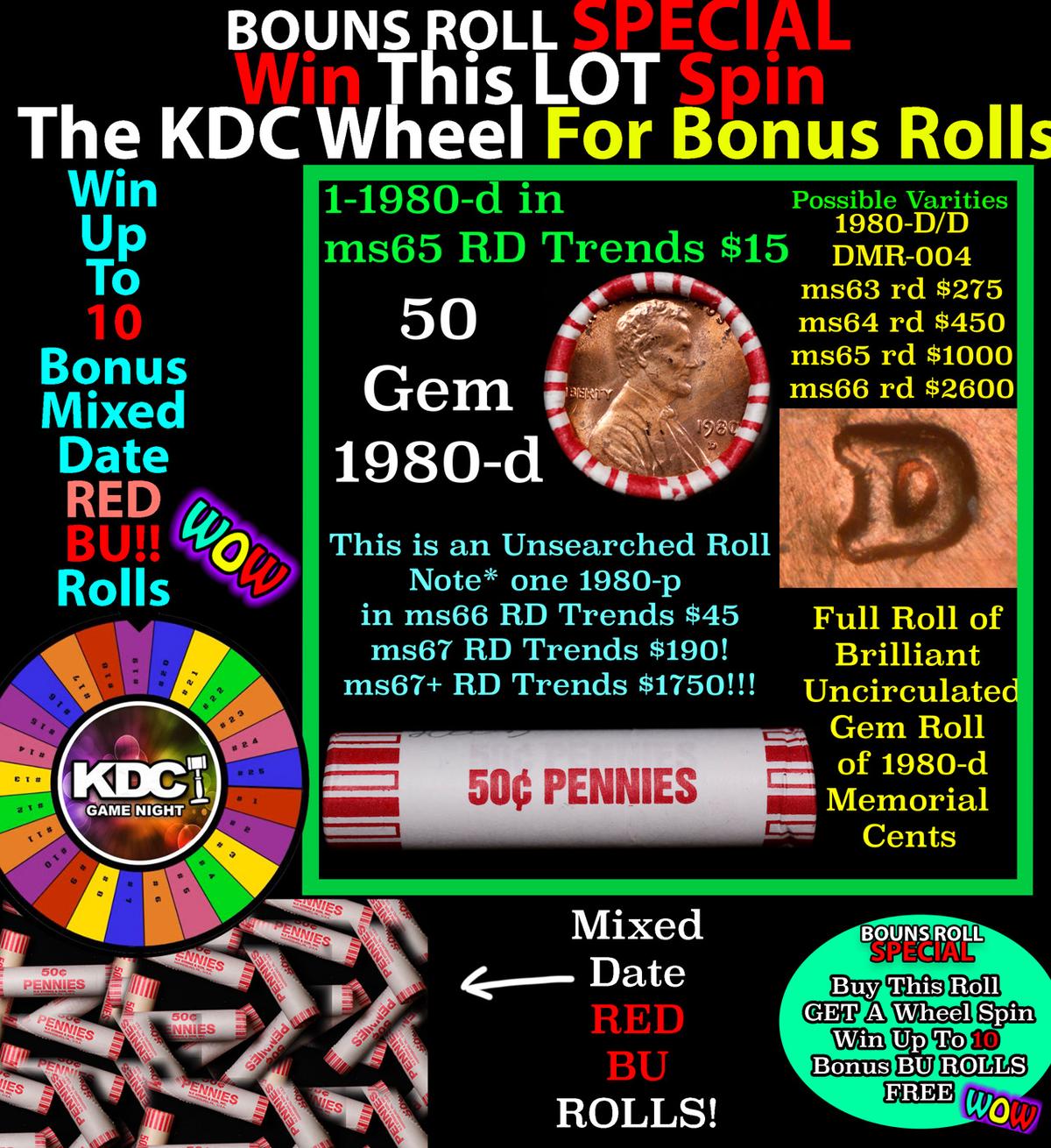 1-10 FREE BU RED Penny rolls with win of this 1980-d SOLID RED BU Lincoln 1c roll incredibly FUN whe