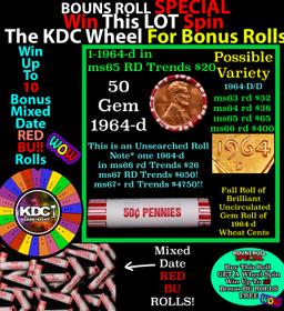 1-10 FREE BU RED Penny rolls with win of this 1964-d SOLID RED BU Lincoln 1c roll incredibly FUN whe