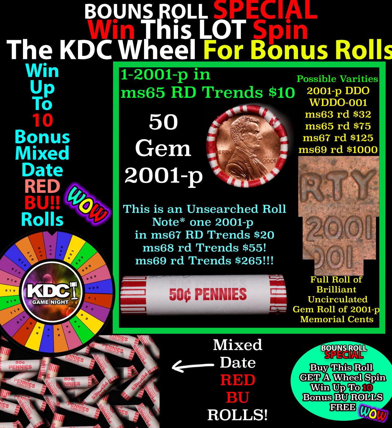 1-10 FREE BU RED Penny rolls with win of this 2001-p SOLID RED BU Lincoln 1c roll incredibly FUN whe