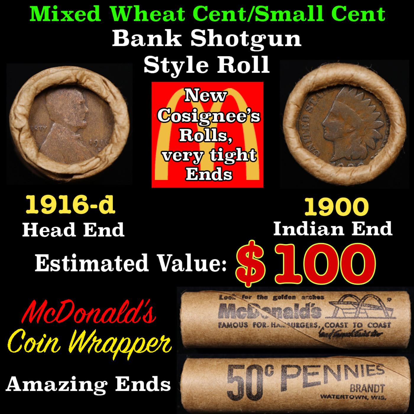 Lincoln Wheat Cent 1c Mixed Roll Orig Brandt McDonalds Wrapper, 1916-d end, 1900 Indian other end