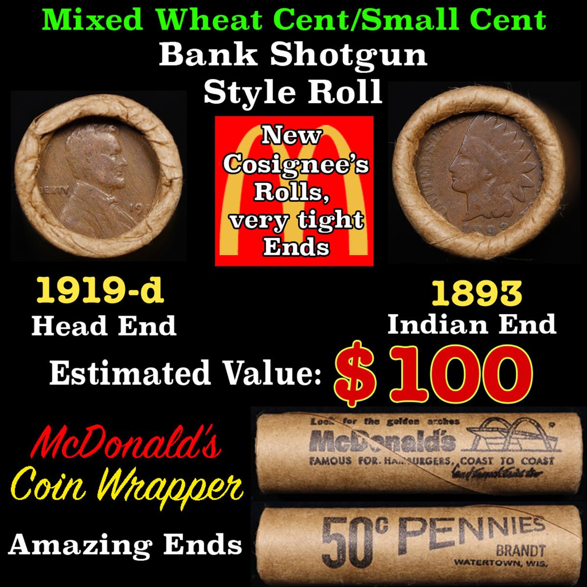 Lincoln Wheat Cent 1c Mixed Roll Orig Brandt McDonalds Wrapper, 1919-d end, 1893 Indian other end