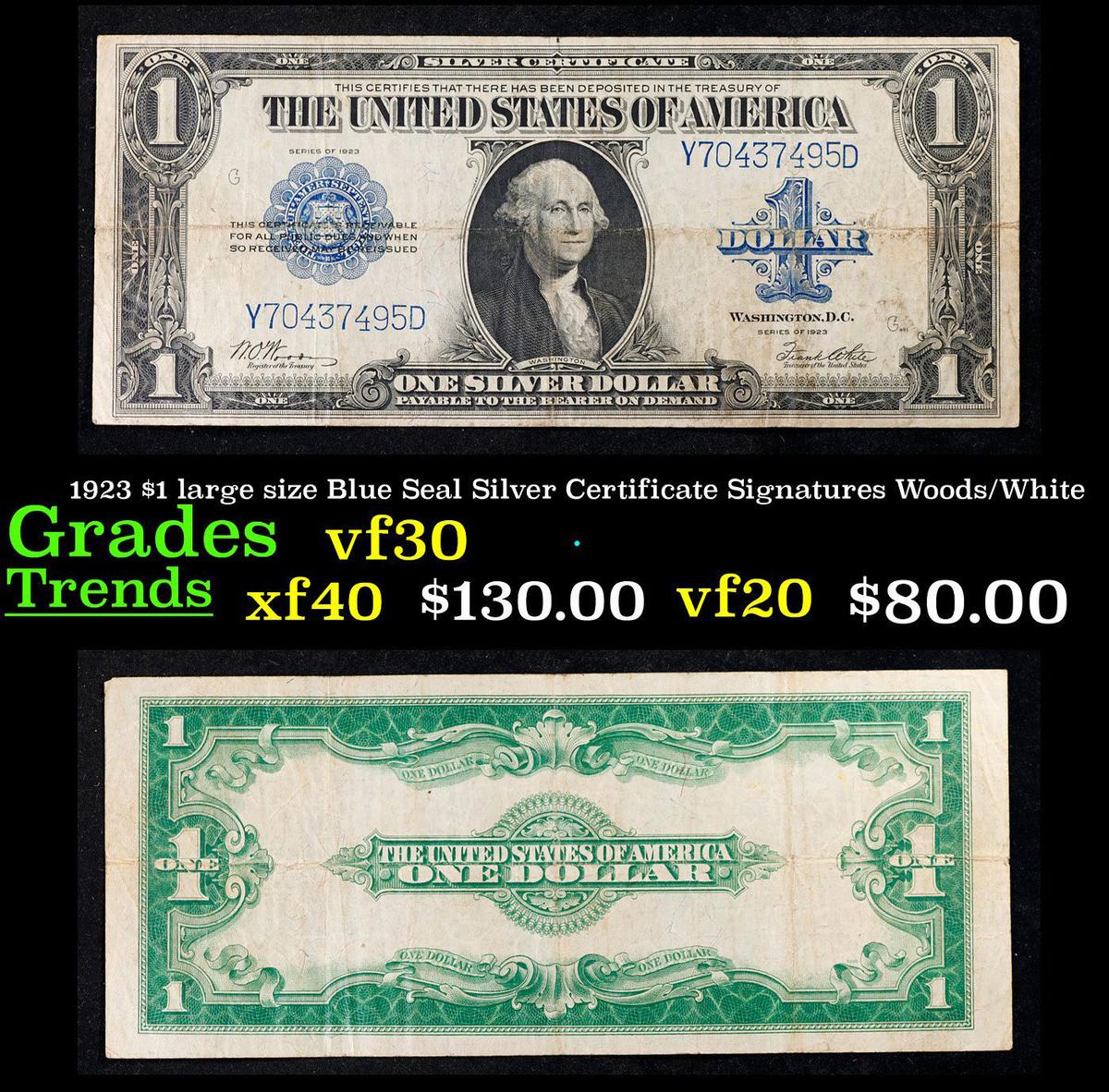 1923 $1 large size Blue Seal Silver Certificate Grades vf++ Signatures Woods/White