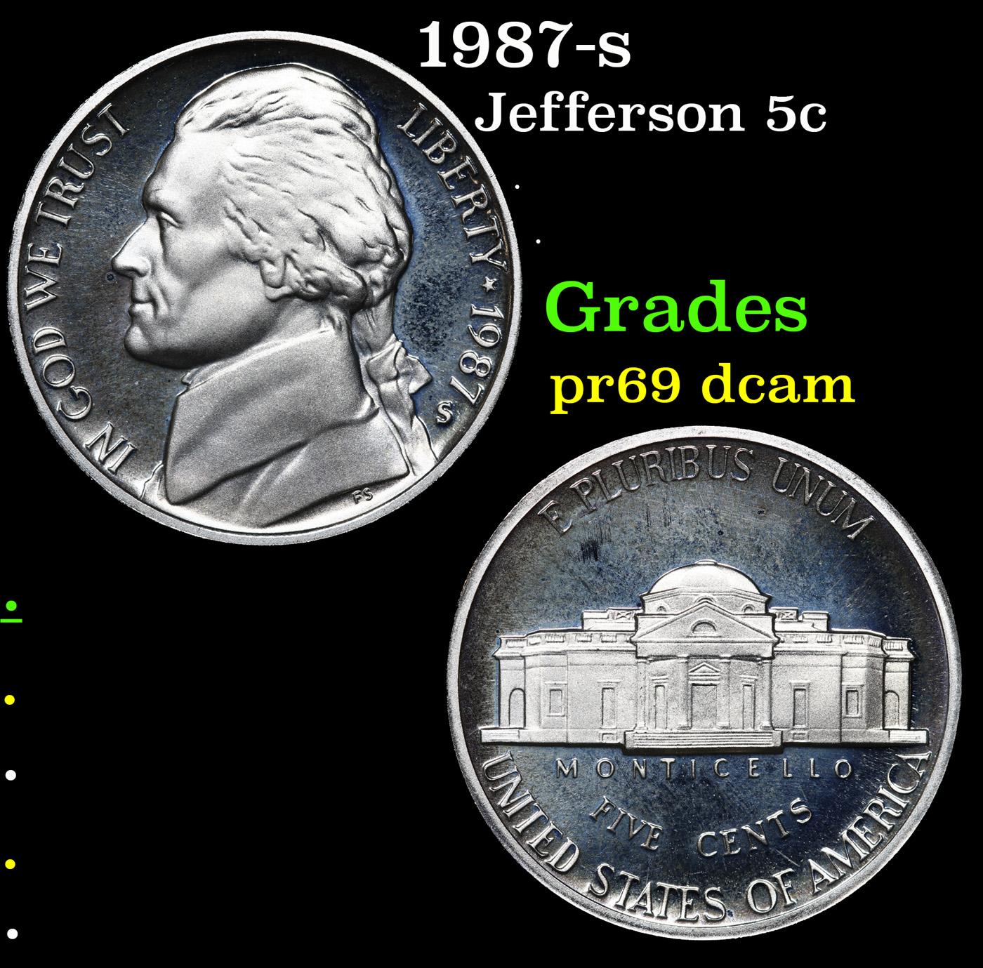 Proof 1987-s Jefferson Nickel 5c Grades GEM++ Proof Deep Cameo