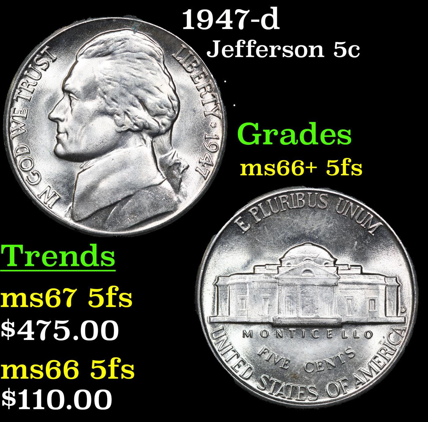 1947-d Jefferson Nickel 5c Grades GEM++ 5fs