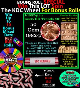 1-10 FREE BU RED Penny rolls with win of this 1982-p SOLID RED BU Lincoln 1c roll incredibly FUN whe