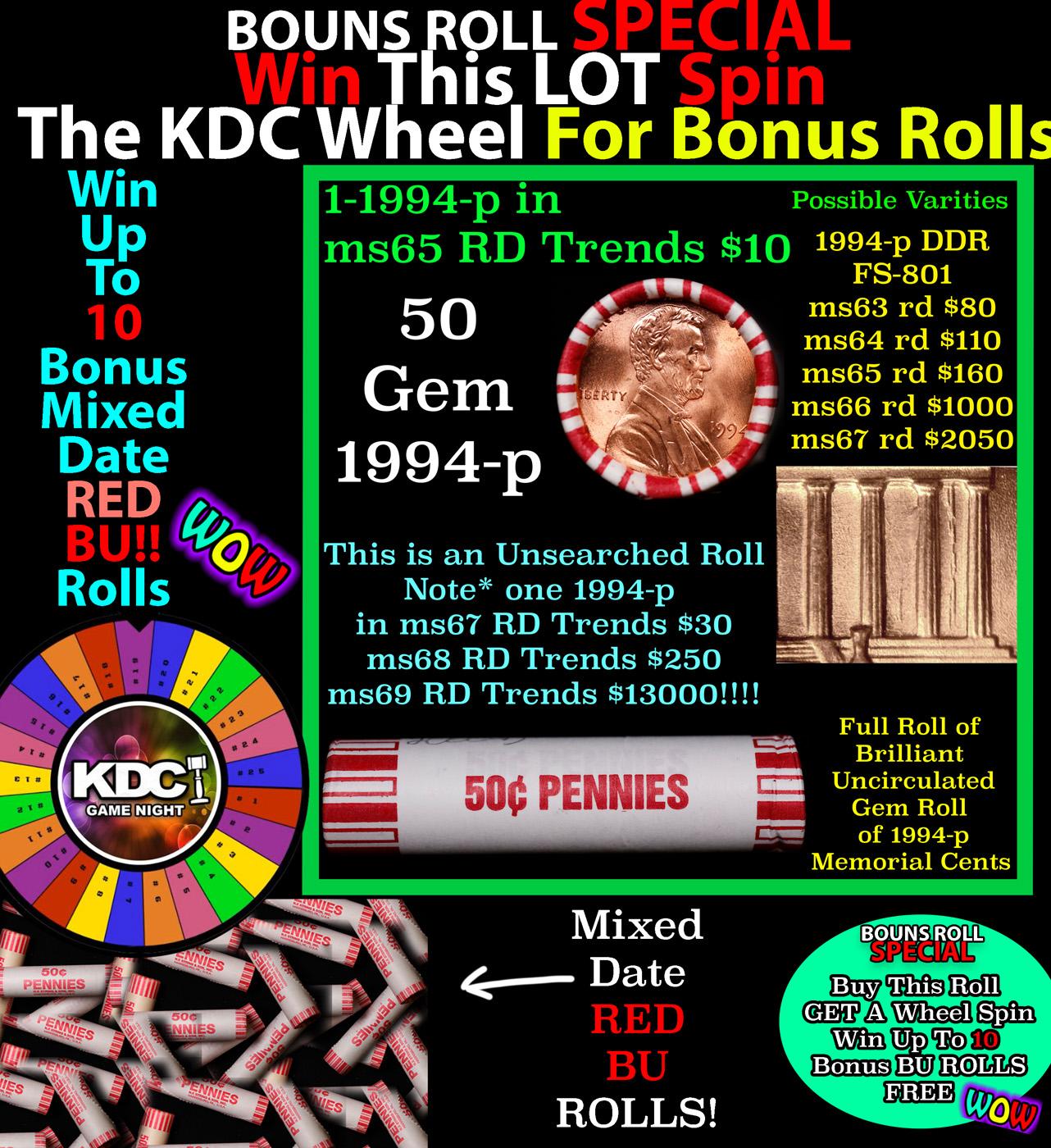 CRAZY Penny Wheel Buy THIS 1994-p solid Red BU Lincoln 1c roll & get 1-10 BU Red rolls FREE WOW