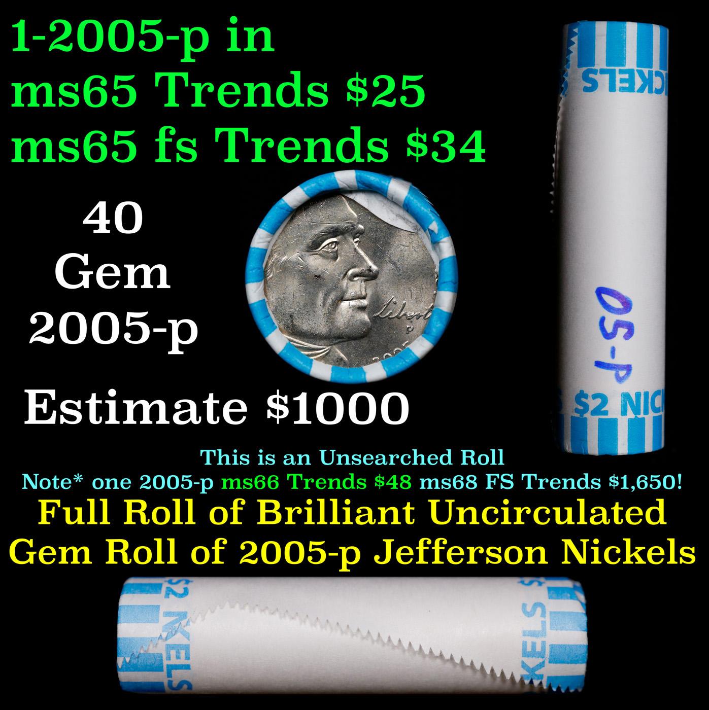 BU Shotgun Jefferson 5c roll, 2005-p Ocean 40 pcs Bank $2 Nickel Wrapper