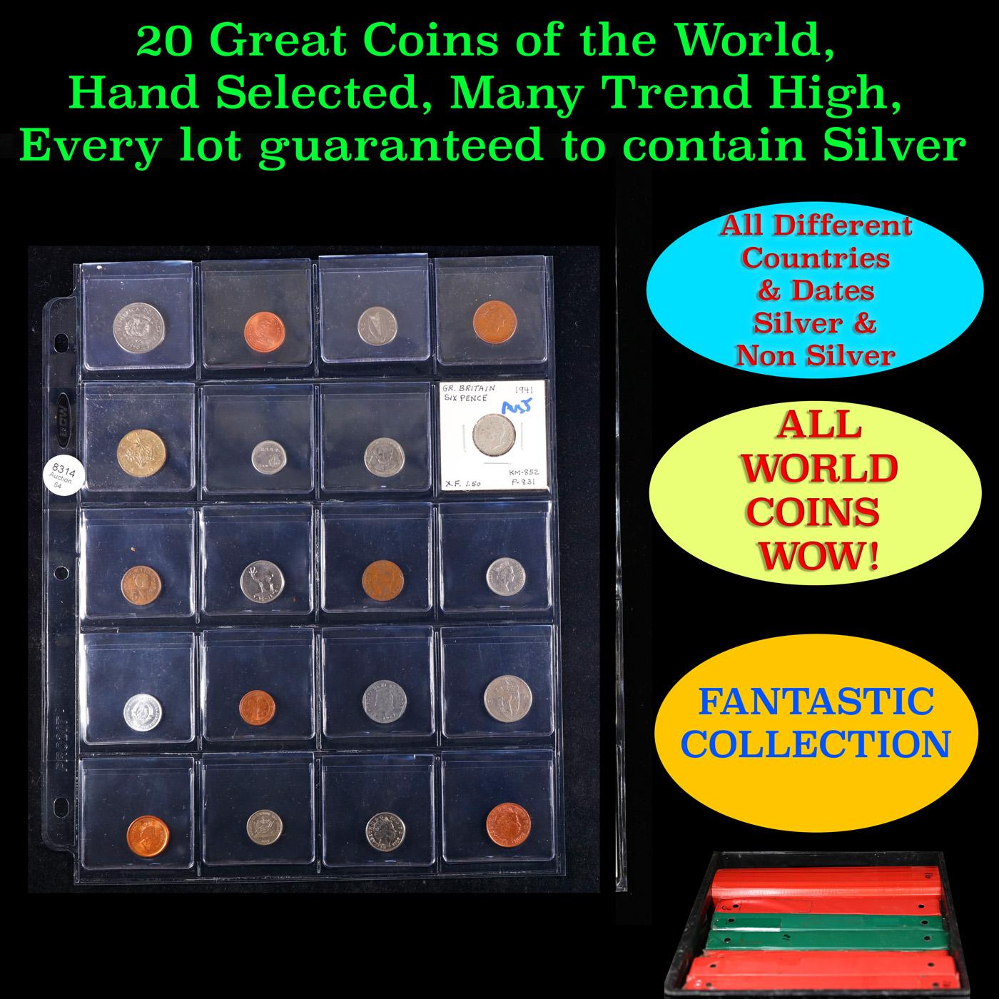 20 Great Coins of the World, hand selected, many trend high, every lot guaranteed to contain Silver.