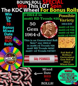 CRAZY Penny Wheel Buy THIS 1964-d solid Red BU Lincoln 1c roll & get 1-10 BU Red rolls FREE WOW