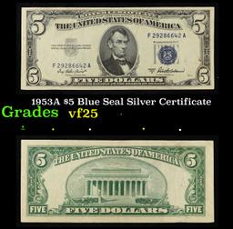 1953A $5 Blue Seal Silver Certificate Grades vf+