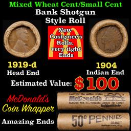 Lincoln Wheat Cent 1c Mixed Roll Orig Brandt McDonalds Wrapper, 1919-d end, 1904 Indian other end