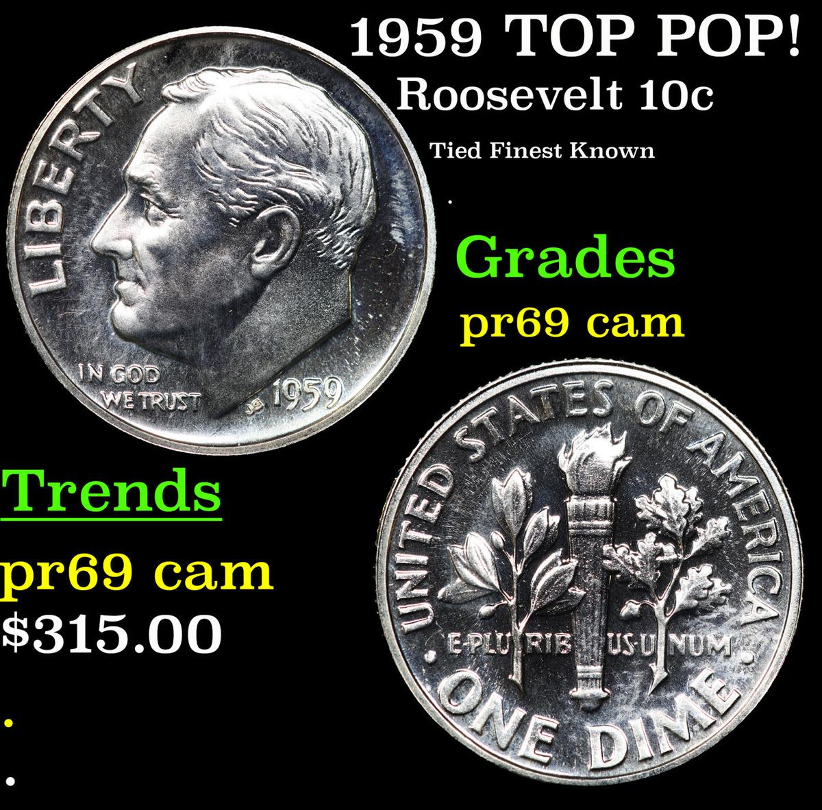 Proof 1959 Roosevelt Dime TOP POP! 10c Graded pr69 cam BY SEGS