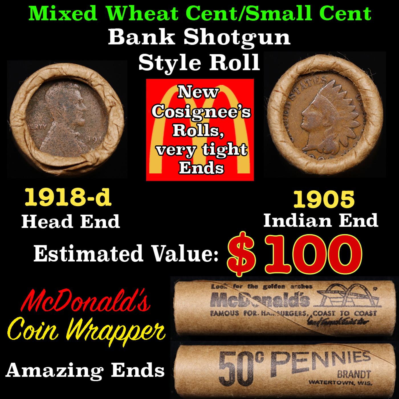 Lincoln Wheat Cent 1c Mixed Roll Orig Brandt McDonalds Wrapper, 1918-d end, 1905 Indian other end