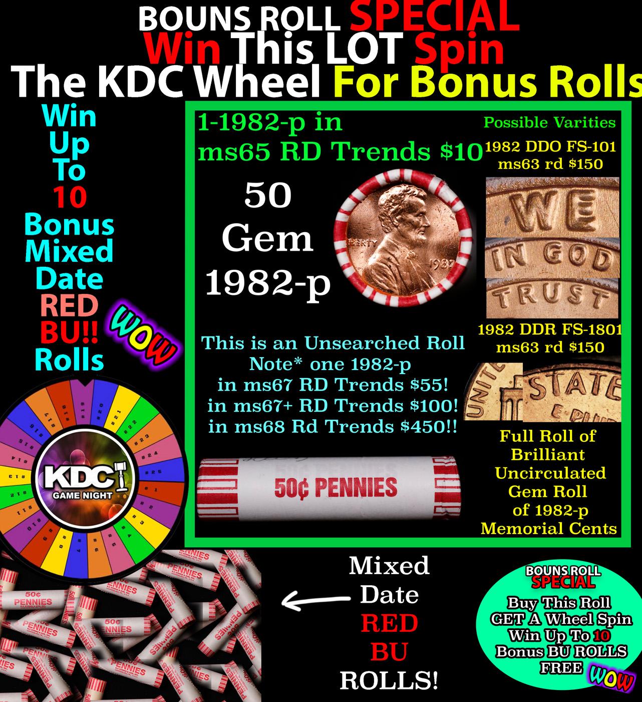 CRAZY Penny Wheel Buy THIS 1982-p solid Red BU Lincoln 1c roll & get 1-10 BU Red rolls FREE WOW