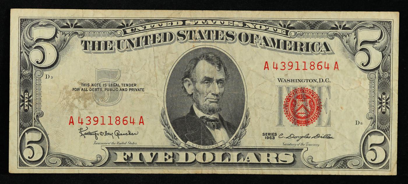 1963 $5 Red Seal United States Note Grades vf++