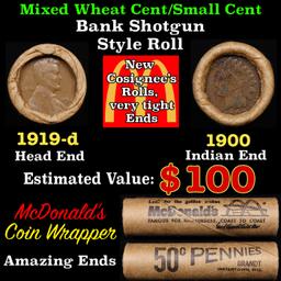 Lincoln Wheat Cent 1c Mixed Roll Orig Brandt McDonalds Wrapper, 1919-d end, 1900 Indian other end