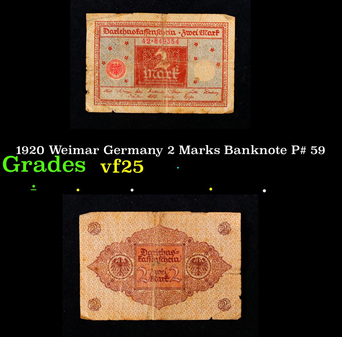 1920 Weimar Germany 2 Marks Banknote P# 59 Grades vf+