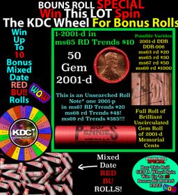 CRAZY Penny Wheel Buy THIS 2001-d solid Red BU Lincoln 1c roll & get 1-10 BU Red rolls FREE WOW