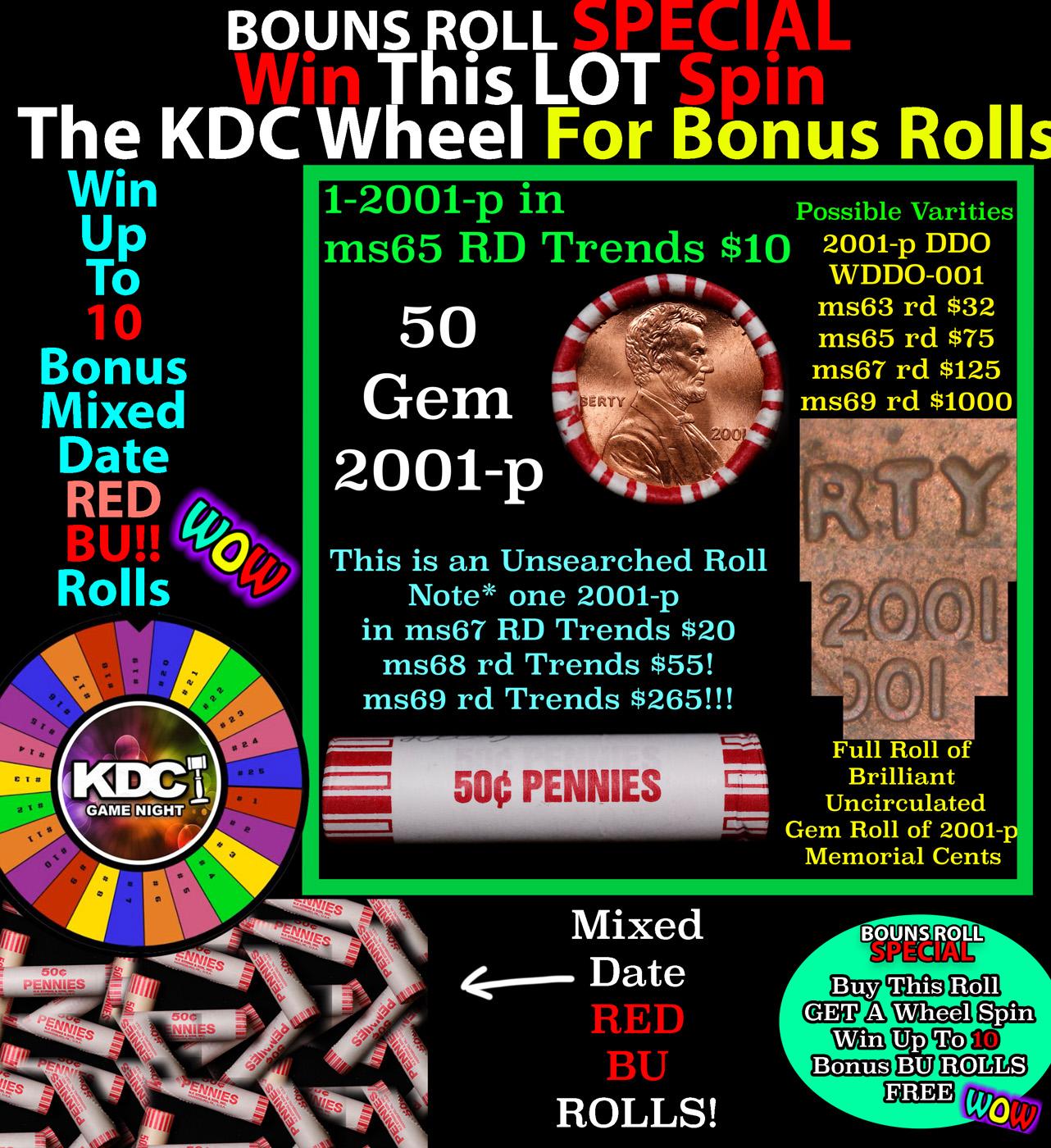 CRAZY Penny Wheel Buy THIS 2001-p solid Red BU Lincoln 1c roll & get 1-10 BU Red rolls FREE WOW