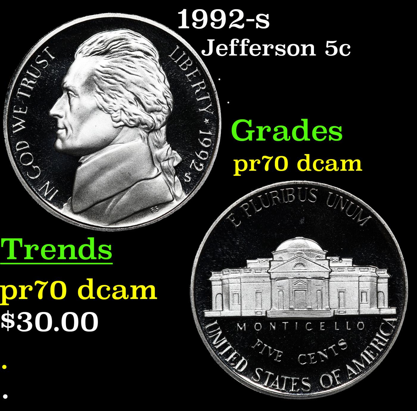 Proof 1992-s Jefferson Nickel 5c Grades GEM++ Proof Deep Cameo