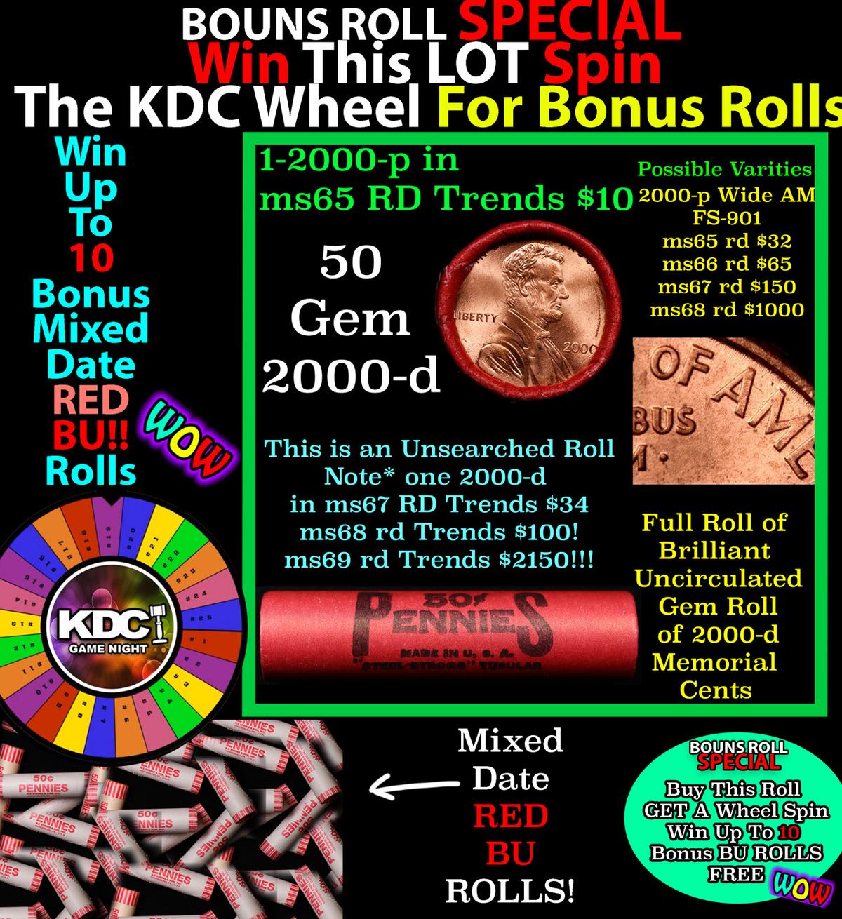 CRAZY Penny Wheel Buy THIS 2000-p solid Red BU Lincoln 1c roll & get 1-10 BU Red rolls FREE WOW