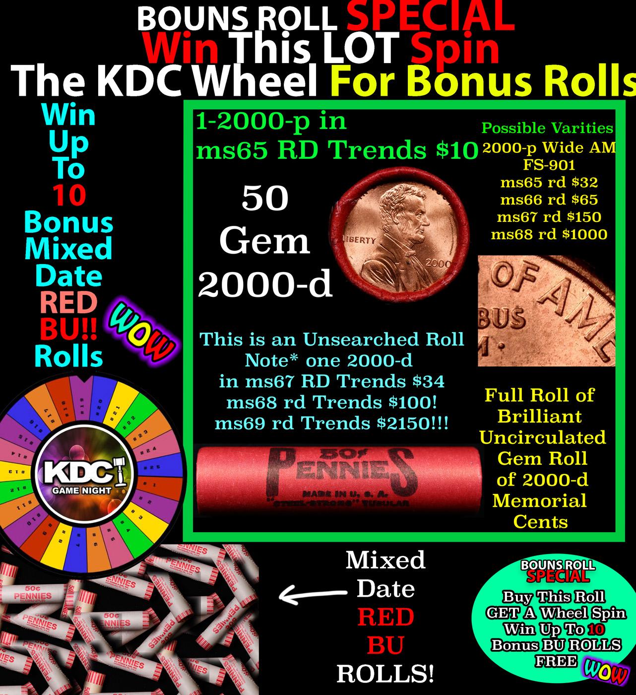 CRAZY Penny Wheel Buy THIS 2000-p solid Red BU Lincoln 1c roll & get 1-10 BU Red rolls FREE WOW