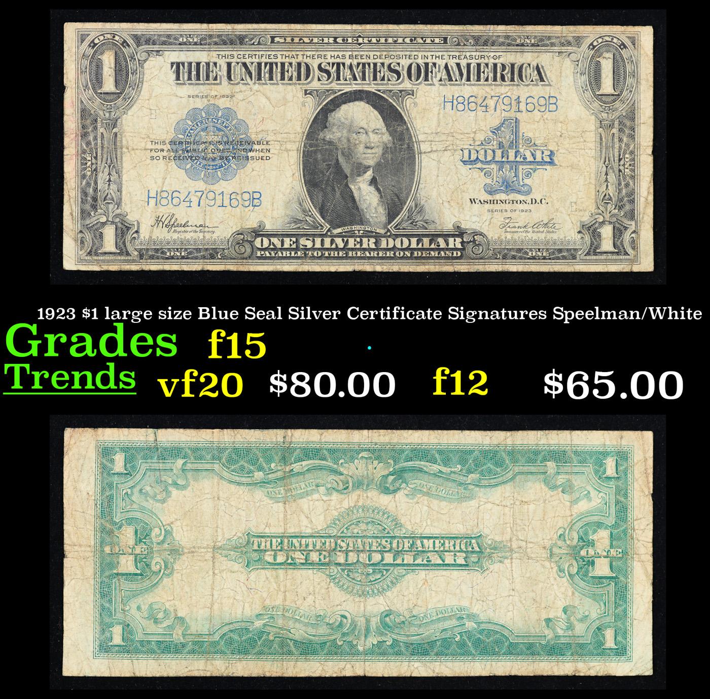 1923 $1 large size Blue Seal Silver Certificate Grades f+ Signatures Speelman/White