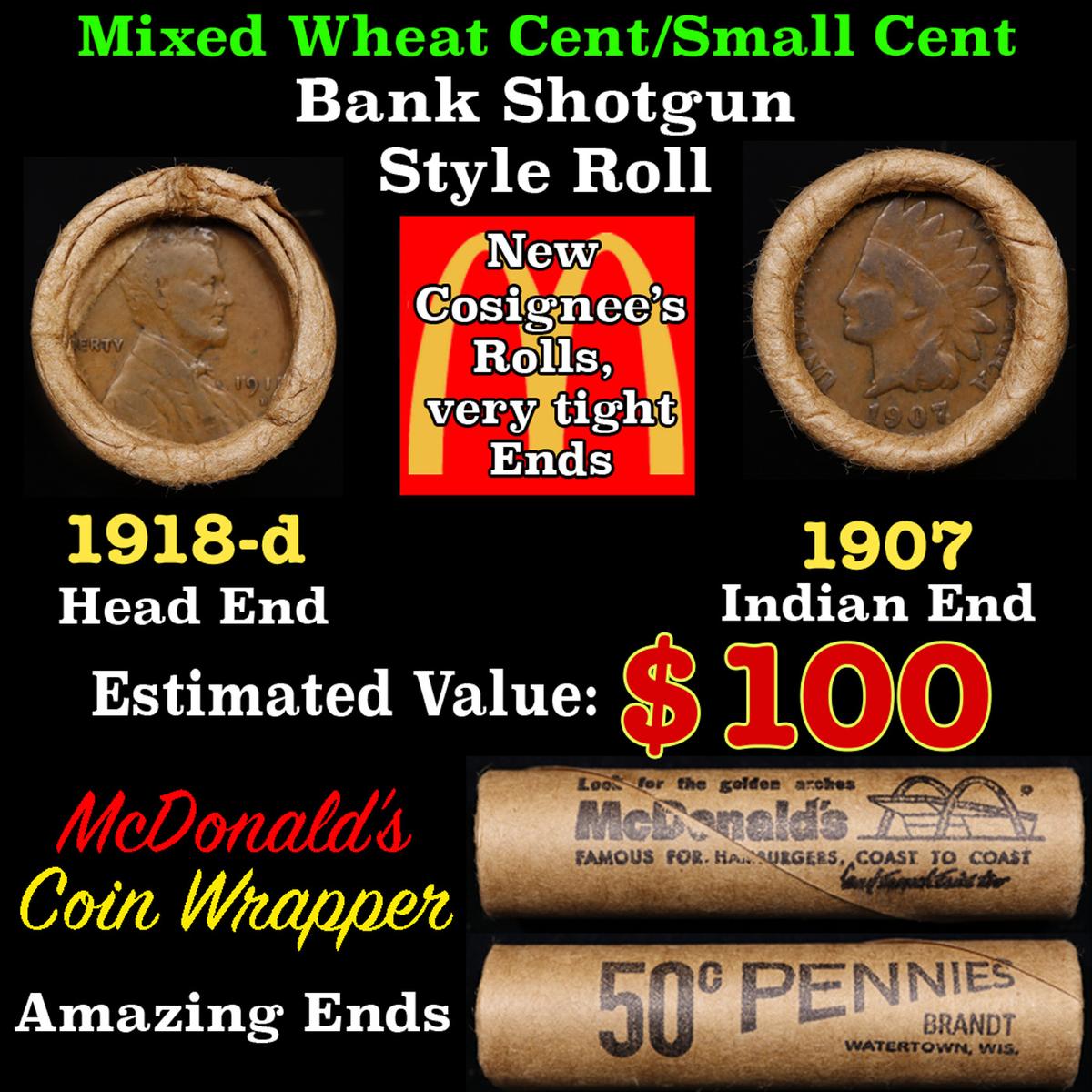 Lincoln Wheat Cent 1c Mixed Roll Orig Brandt McDonalds Wrapper, 1918-d end, 1907 Indian other end