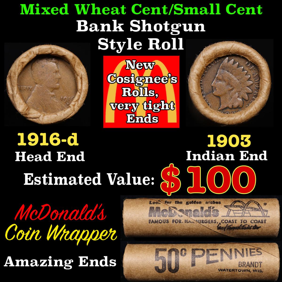 Lincoln Wheat Cent 1c Mixed Roll Orig Brandt McDonalds Wrapper, 1916-d end, 1903 Indian other end