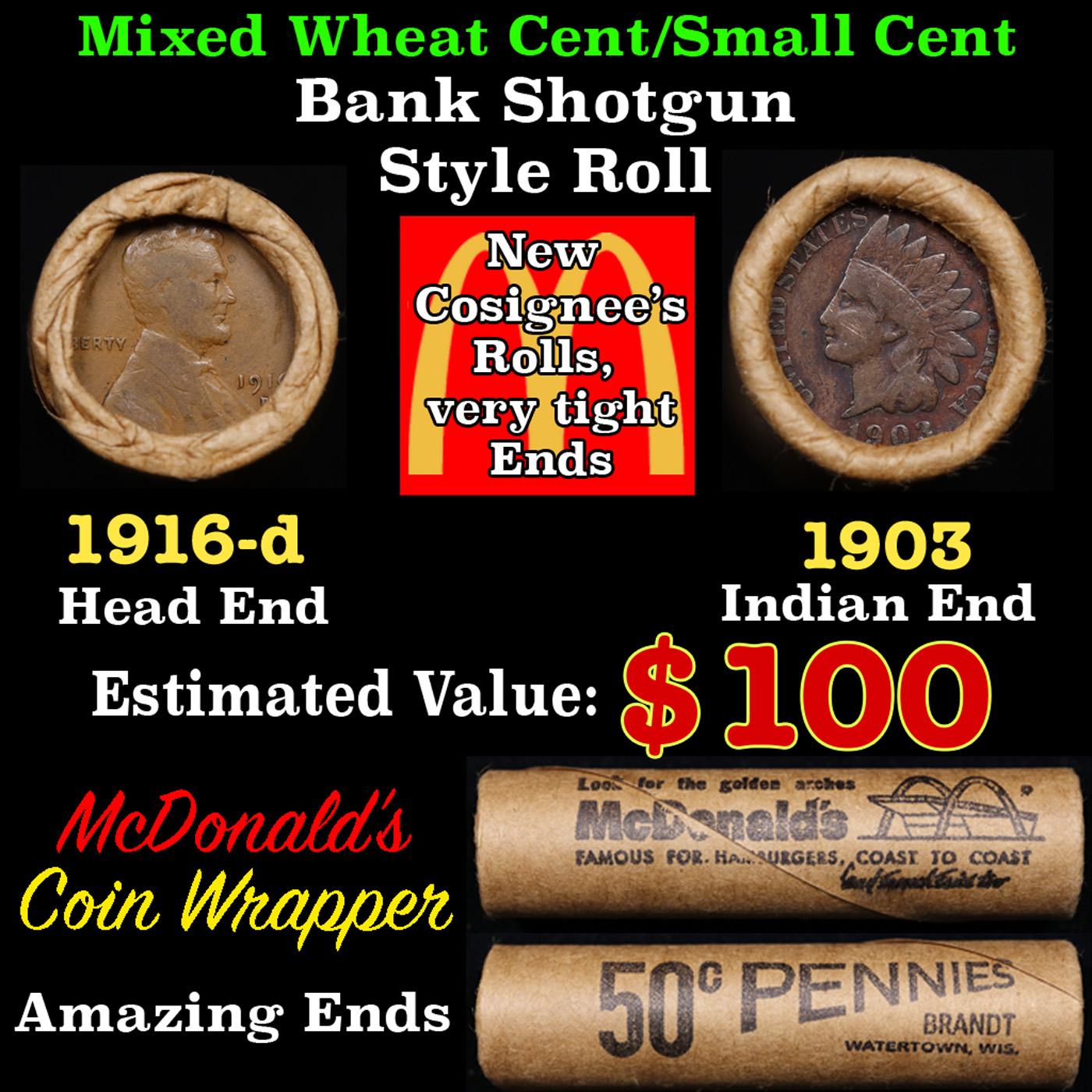 Lincoln Wheat Cent 1c Mixed Roll Orig Brandt McDonalds Wrapper, 1916-d end, 1903 Indian other end