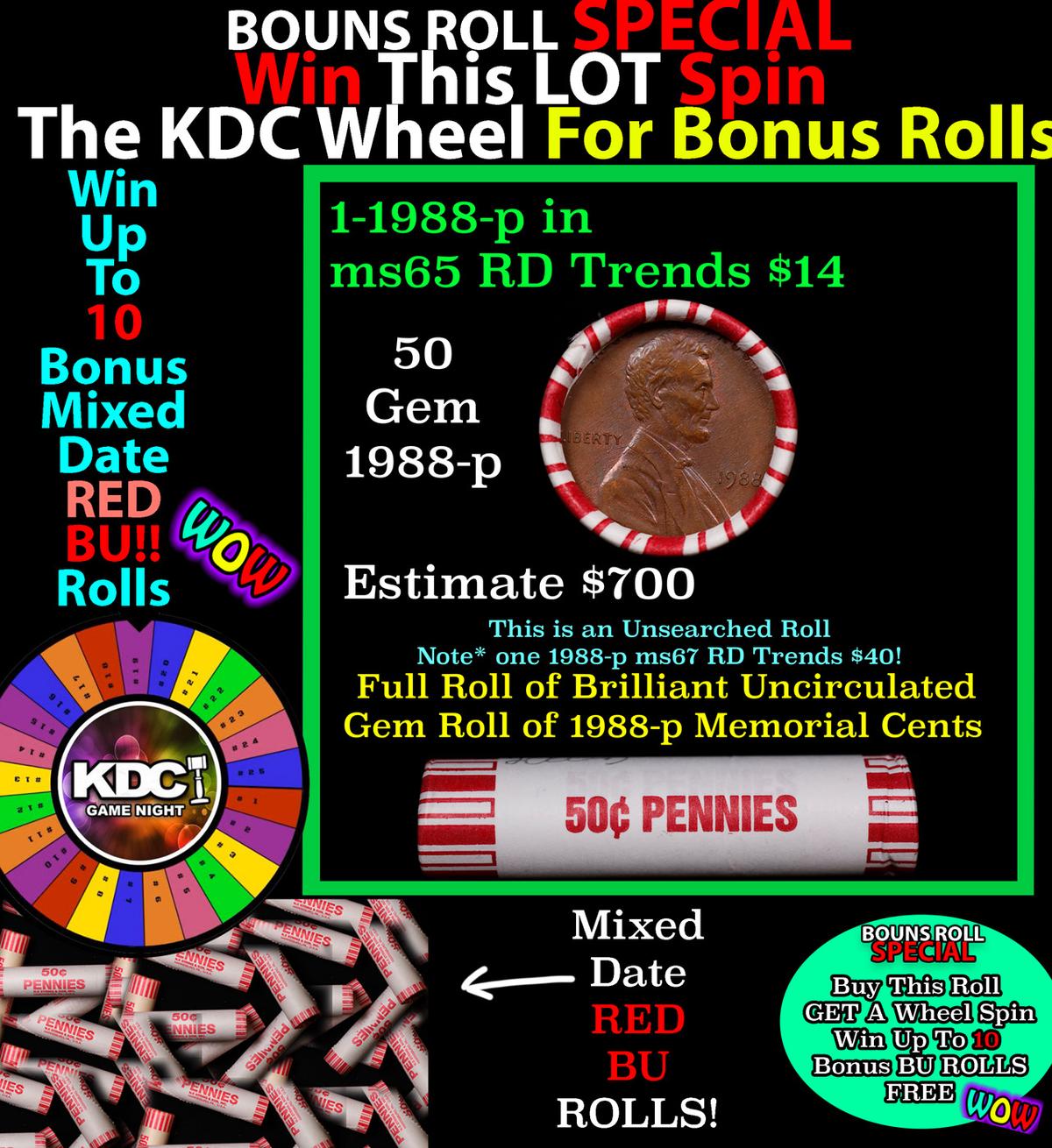 CRAZY Penny Wheel Buy THIS 1988-p solid Red BU Lincoln 1c roll & get 1-10 BU Red rolls FREE WOW