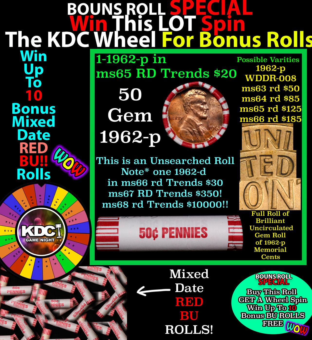 CRAZY Penny Wheel Buy THIS 1962-p solid Red BU Lincoln 1c roll & get 1-10 BU Red rolls FREE WOW