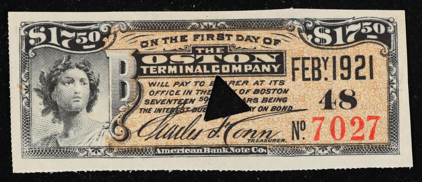 1921 Boston Terminal Company $17.50 Note Grades Choice AU/BU Slider