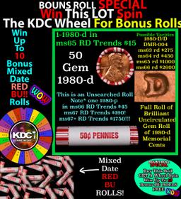 1-10 FREE BU RED Penny rolls with win of this 1980-d SOLID RED BU Lincoln 1c roll incredibly FUN whe