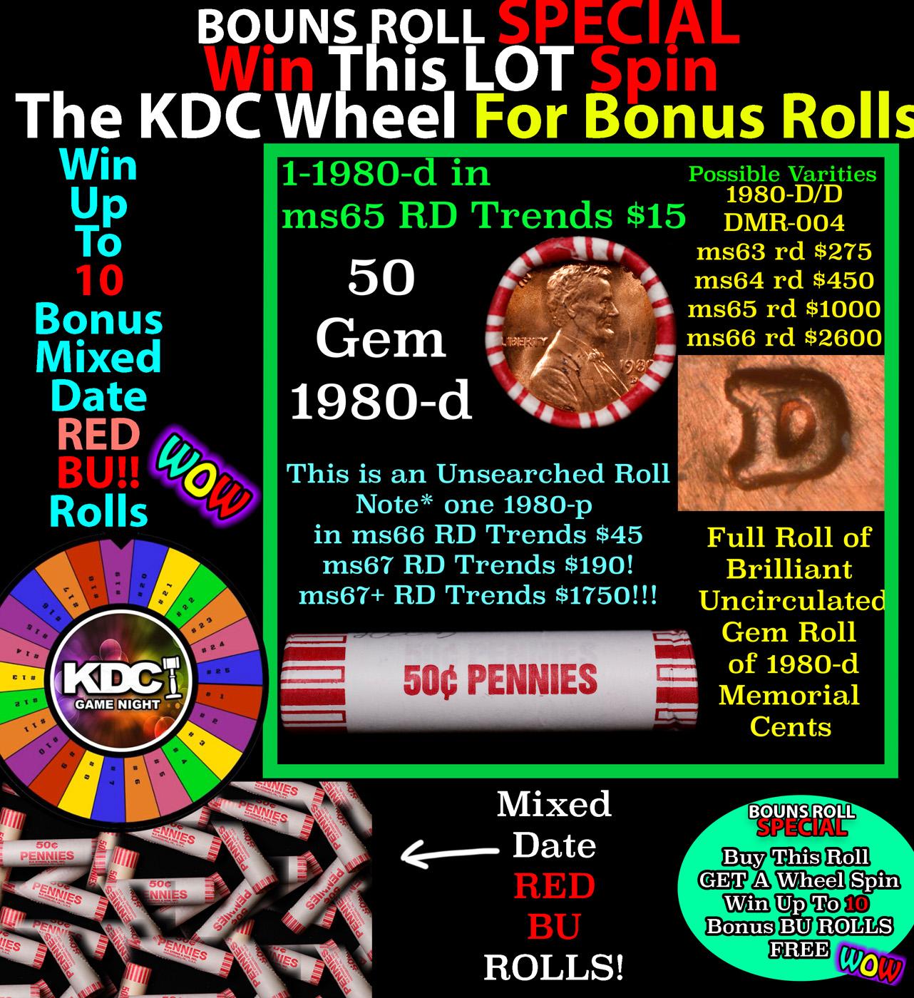 1-10 FREE BU RED Penny rolls with win of this 1980-d SOLID RED BU Lincoln 1c roll incredibly FUN whe