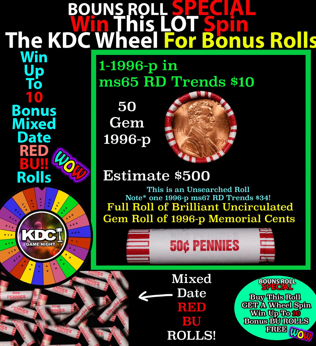 1-10 FREE BU RED Penny rolls with win of this 1996-p SOLID RED BU Lincoln 1c roll incredibly FUN whe