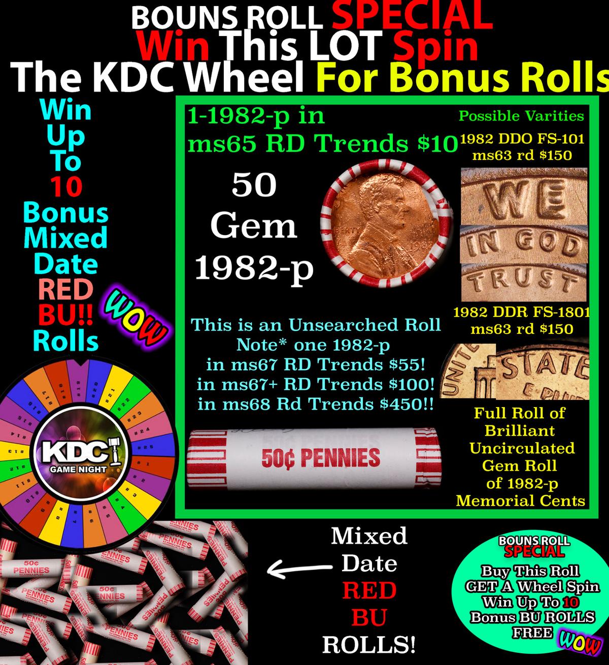 1-10 FREE BU RED Penny rolls with win of this 1982-p SOLID RED BU Lincoln 1c roll incredibly FUN whe