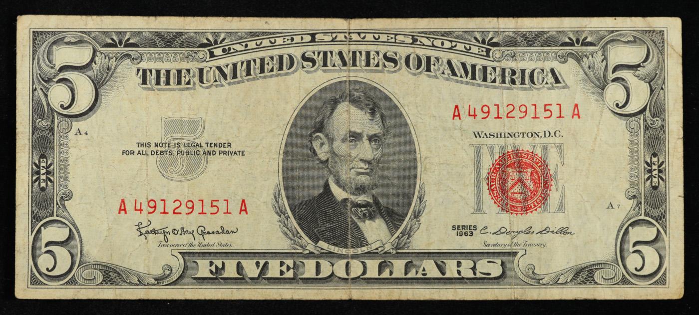 1963 $5 Red Seal United States Note Grades vf+