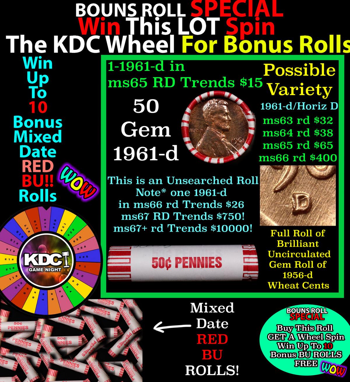 1-10 FREE BU RED Penny rolls with win of this 1961-d SOLID RED BU Lincoln 1c roll incredibly FUN whe